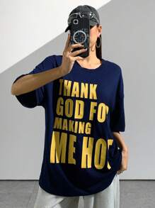 StreetHx 女士休闲宽松口号印花短袖 T 恤