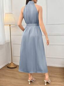 Modelyn Button Detail Belted High Neck Sleeveless Dress, Going Out & Party Long Evening Dresses - Dusty Blue - View 2