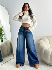 EURMUSE EXTRA WIDE LEG MID WAIST JEANS - Medium Wash - View 3