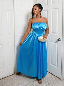BamGleam Robe longue sans manches pour femmes, couleur unie, design minimaliste, décontractée pour l'usage quotidien - Bleu azur - Voir 3