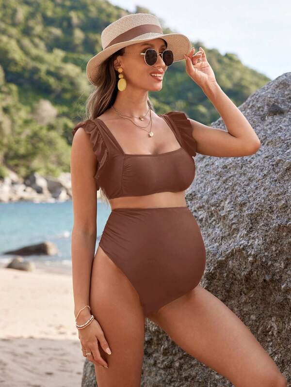 SHEIN Maternity Solid Color Minimalist Style Bikini Top And Bottom, Beach Outfit For Summer Beach Vacation