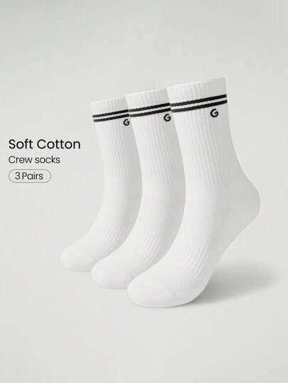 GLOWMODE 3 Pares de Meias Listradas Vintage de Algodão Macio de Malha Ventilada com Logotipo de Jacquard, Ideal para Treino, Uso Diário e Casual