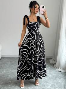 Selianne 女士黑白条纹蝴蝶结收腰中长度假连衣裙 - 黑與白 - 查看 3