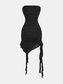 SHEIN Girlism 适合少女的纯色针织网眼短款背心裙，褶皱不对称下摆配腰带，适合外出和聚会穿着