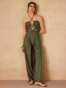 VALERIA GÓMEZ Mono suelto de viscosa en verde sólido con cortes, nudo en el cuello, espalda descubierta y bajo ajustable, diseño de estilo bohemio para primavera verano, vacaciones, playa, crucero, festivales, estilo Ibiza
