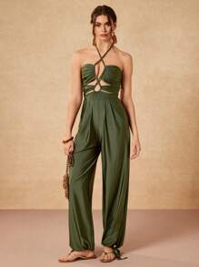 VALERIA GÓMEZ Mono suelto de viscosa en verde sólido con cortes, nudo en el cuello, espalda descubierta y bajo ajustable, diseño de estilo bohemio para primavera verano, vacaciones, playa, crucero, festivales, estilo Ibiza