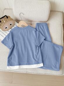 SHEIN Bộ áo len cổ tròn tay ngắn và quần ống đứng cho bé gái tuổi mới lớn - Màu xanh bụi bặm - Xem 2
