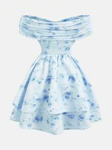 SHEIN Girlism 少女蓝色露肩褶皱腰 A 字形分层碎花网眼连衣裙，干净的风格，可爱，度假装，优雅，春夏 - 淺藍色 - 查看 2