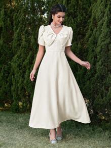 Modelyn Women's Elegant Solid Color Balloon Sleeve Arabic Style Long Dress - White - View 6