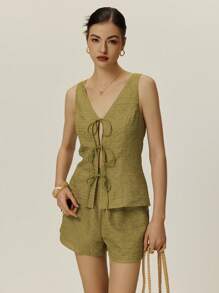 Poéselle Stylish V-Neck Top And Loose Shorts Set With Lace-Up Details - Perfect For Summer Daytime Outfits, V-Neck Summer Fashion, Women's Two-Piece Sets, Chic Lace-Up Detail Sets, Olive Green Attire, Casual Summer Sets