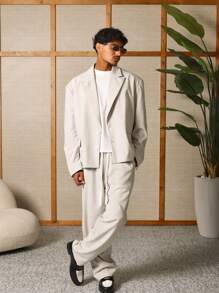 SUMWON Oversized Business Casual Cropped Blazer Professional Office Wear Minimalist Design Classic Suit Jacket Formal Event Outerwear Spring Collection Two Button Front - Beige - View 2