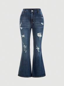 SHEIN Plus Size Casual Washed Distressed Slim Flare Leg Jeans - Dark Wash - View 1