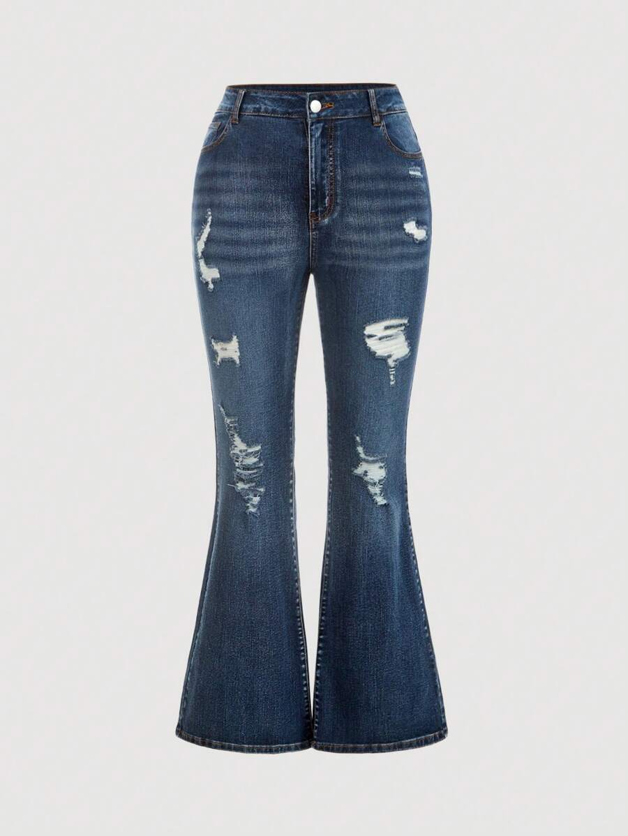SHEIN Plus Size Casual Washed Distressed Slim Flare Leg Jeans - Dark Wash - View 1