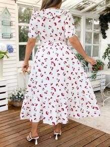 Sunnyshic Plus Size Women's Sweet Fashion Cherry Print Ruffle Collar Puff Sleeve A-Line Long Dress, Spring/Summer Easter Wear - Red and White - View 2