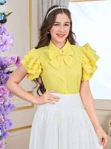 Blusa casual suelta con mangas campana y con capa de gasa amarilla elegante para adolescentes - Amarillo - Ver 5