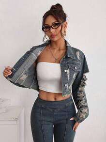 SHEIN EZwear 女式长袖破洞单排扣休闲短款牛仔夹克 - 中等水洗藍 - 查看 2