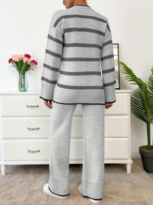 Women Black And Beige Stripes Soft Touch Cozy Sweater Set Sets - Light Grey - View 2