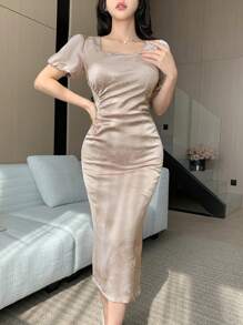 DAZY Women's Solid Color Square Neck Puff Sleeve Pleated Mid-Length Dress Elegant,Formal Women Dresses - Pink - View 10