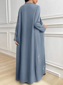Al Najma 女士长袖蝴蝶结休闲长袍，休闲端庄开襟长袍，适合日常休闲/派对 - 霧霾藍 - 查看 2