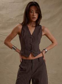 MUSERA 开襟V领纽扣修身细条纹背心上衣，适合毕业典礼、婚礼、度假、返校、办公、秋季、春夏等场合，优雅百搭。 - 彩色 - 查看 1