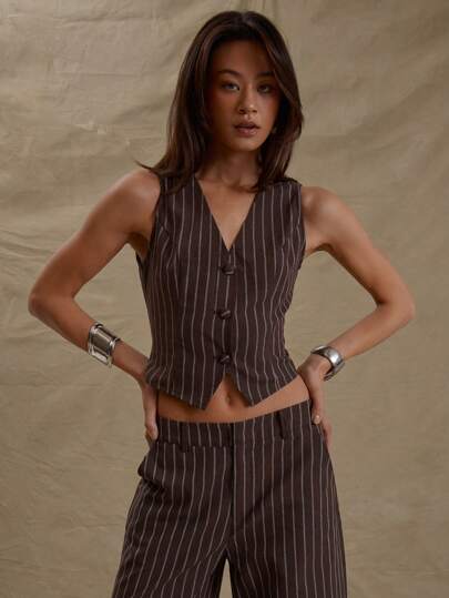 MUSERA Áo vest cổ chữ V mở, cài cúc, ôm sát, kẻ sọc, thích hợp cho lễ tốt nghiệp, đám cưới, kỳ nghỉ, ngày lễ, trở lại trường học, công sở, mùa thu, mùa xuân, hè, thanh lịch.