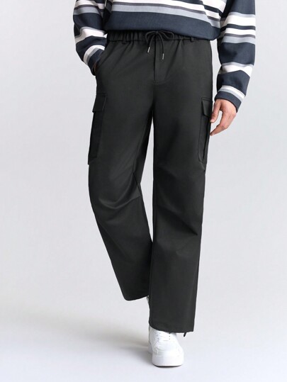 Ontre 2025 Spring Summer Casual Plain Solid Color Loose Wide-Leg Cargo Pockets Pants, Daily Versatile, Commuting