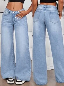 SHEIN Tall Low-Rise Wide Leg Jeans, Casual Minimalist Style For Everyday Wear - Blue - View 1