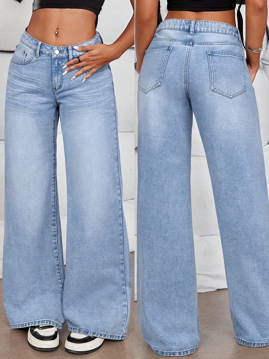 SHEIN Tall Low-Rise Wide Leg Jeans, Casual Minimalist Style For Everyday Wear - Blue - View 1