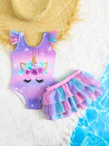 SHEIN 女婴可爱渐变色独角兽印花连体泳衣，配彩色薄纱裙，女婴两件套泳衣 - 彩色 - 查看 3