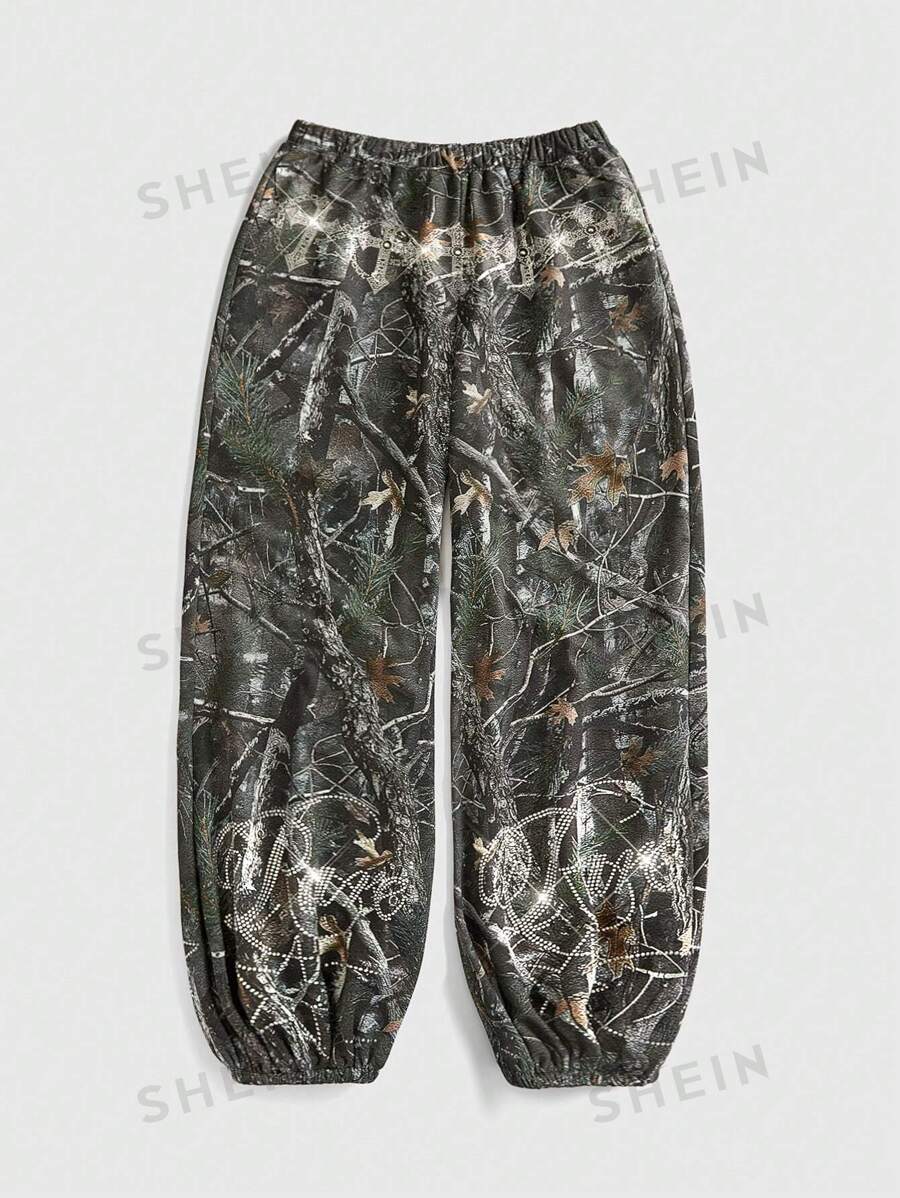 ROMWE Avant Pantalón de chándal holgado para mujer con cintura baja, con adornos de cristales y estampado de camuflaje, estilo streetwear Y2K