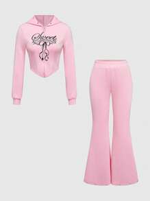 ROMWE Avant 2 件 Y2K 街头服饰刺绣蝴蝶结露背连帽衫套装（女款）