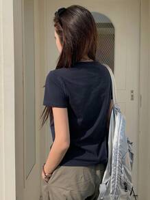 DAZY Women's Short Sleeve Letter Print Fitted Cropped T-Shirt - Navy Blue - View 6