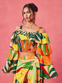 BELANGE HANDMADE Designer Boho Bohemian Position Floral Print Ruffle Tiered Sleeves Off Shoulder Shirred Cute Summer Top, Festival, Tropical,Beach For Women, Concert Elegant Vacation Business Casual Western Wear