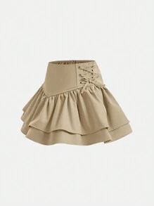 Jupe décontractée à double couche pour jeune fille avec ourlet à volants et nœud sur le côté, idéale pour un port décontracté et quotidien, en automne et en hiver. Assortie à la mère et à la sœur - Kaki - Voir 6