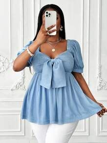 Maweii Blusa de mujer talla grande de unicolor con nudo delantero y dobladillo con volantes - Azul - Ver 1