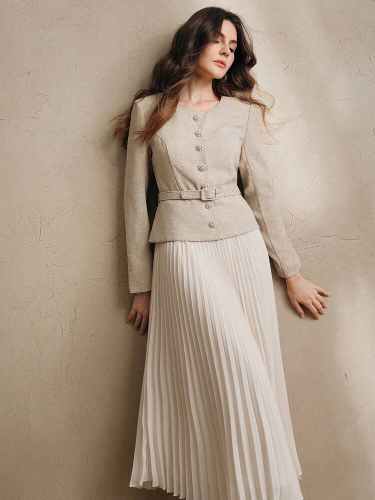 Women Long Sleeve Belted Waist Pleated Maxi Dress, Valentine's Day & New Year's Outfit