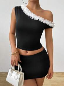 Chiquease Women Spring/Summer Ruffle Collar Asymmetrical Neck Fitted T-Shirt - Black - View 6