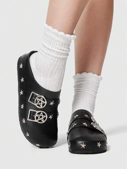 Women's Gothic Cross Strap Star Mule Shoes, Closed Toe Hollow Loafer, Mary Jane Platform Shoes, Academy Style, Punk Rock Wedge & Chunky Sole Flats Spring Shoes Spring Break Easter, Halloween