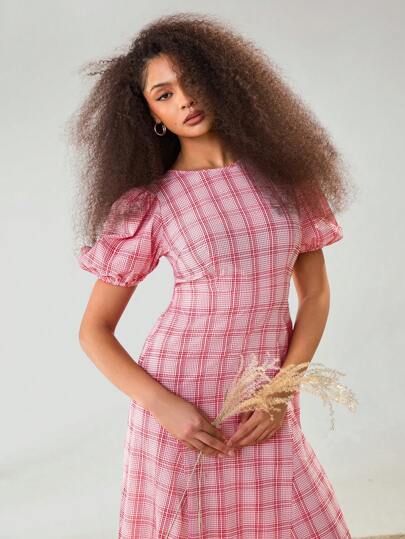 Athîral 女士圆领短袖格子休闲连衣裙