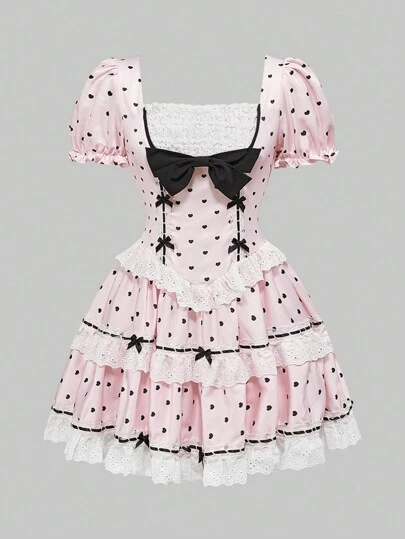 ROMWE Kawaii Babydoll Palace Style Lolita Cute & Sweet Puff Sleeve Cake Mini Dress