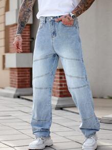 Manfinity Homme Pantalones vaqueros anchos con bolsillos y botones delanteros, de estilo casual y suelto para hombres - Lavado ligero - Ver 6