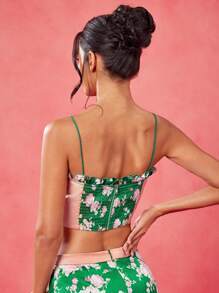 By Lucila Fernandez Designer Boho Bohemian Green Floral Printed Satin Spaghetti Straps Ruffle Smocking Top, Festival, Spring Summer Vacation Crop Top Casual Cute Top - Green - View 6