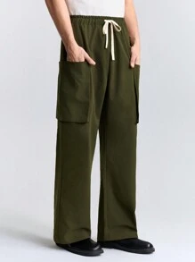 Ontre Men's Solid Color Lace-Up Pocket Casual Long Pants - Army Green - View 4