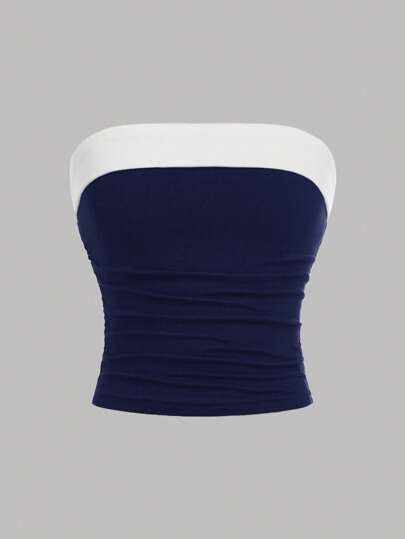 SHEIN Girlism 少女针织拼色休闲褶饰吊带背心