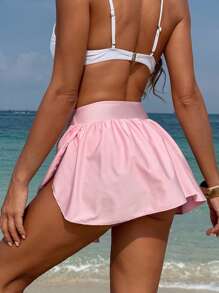 SHEIN Swim Regular Ruffle Hem Swim Shorts For Women, Pink - Pink - View 2