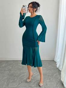 DAZY Stylish Patchwork Fish Tail Hem Women Fall Dress Prom Dress Elegant,Ruffle Long Sleeve Dress - Cadet Blue - View 6