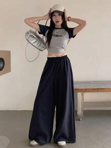 DAZY Women's Contrast Color Street Style Lace Patchwork Casual Wide Leg Pants Fall,Winter