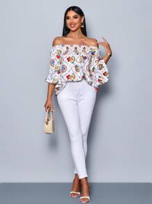 SOLERSUN Camisa informal y elegante con hombro descubierto, estampado floral tropical, para vacaciones, para mujeres, top de moda - Blanco - Ver 1