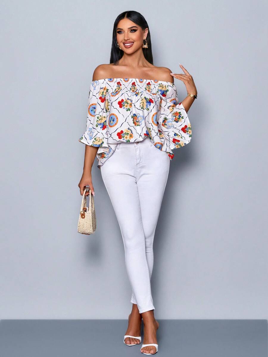 SOLERSUN 优雅性感休闲单肩花卉印花热带度假衬衫女士时尚上衣 - 白色 - 查看 1
