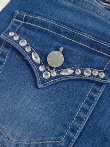 SHEIN 休闲少女纽扣前口袋喇叭牛仔裤 - 深色水洗藍 - 查看 3
